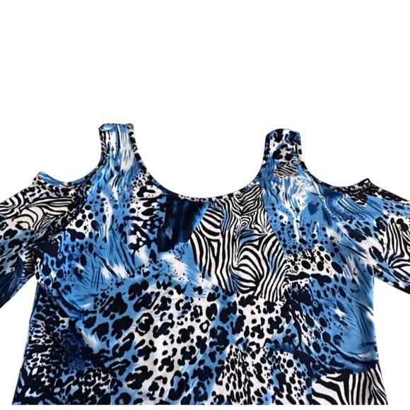 Cold Shoulder Blue Animal Print Long Sleeve Crop Top - Picture 5 of 9